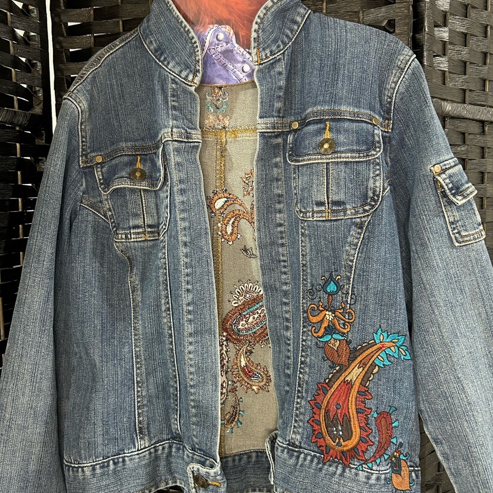 Chico's Embroidered Blue Denim Jacket with Paisley Accents